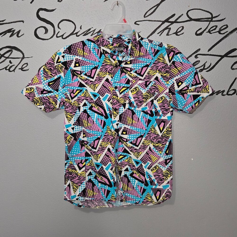 80s Geometric Button Up Multicolor Men's Retro Short Sleeve from Massive, M